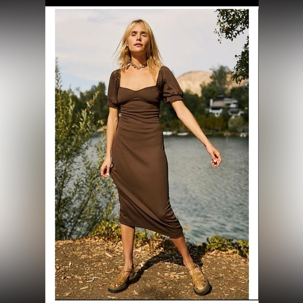 NWT Free People FP Beach Bel Air Ribbed Midi Dress in Chocolate Brown - Medium